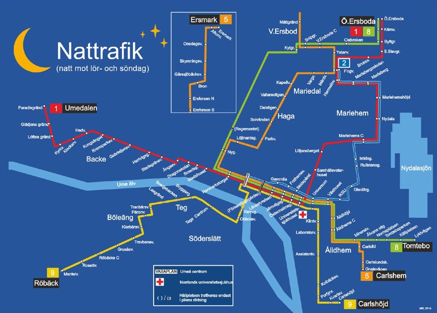 Linjesträckning och hållplatser för nattbussar i Umeå, se beskrivning