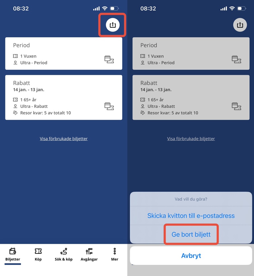 Exempel på hur man ger bort sin biljett i Ultra appen